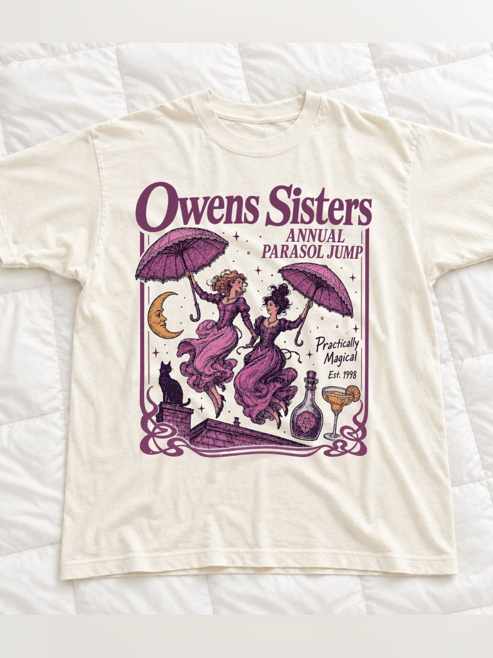 Gildan Owens Sisters Parasol Jump Cream Tee with Purple Graphic